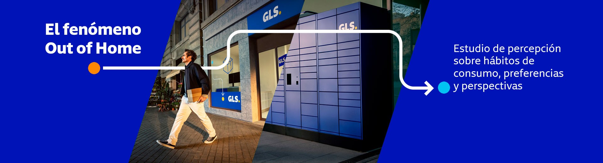 Banner de GLS sobre el fenómeno Out of Home con un hombre caminando hacia un punto de recogida y taquillas automáticas de GLS, acompañado del texto del estudio sobre hábitos de consumo, preferencias y perspectivas