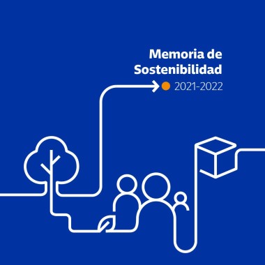 Cover of GLS Spain Sustainability Report 2021-2022 featuring minimalist white line icons on a blue background, including a tree, people, a parcel, and a leaf, symbolizing sustainability, community, and responsible logistics.