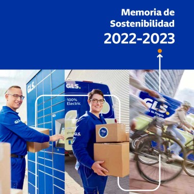 Cover of GLS Spain Sustainability Report 2022-2023 featuring delivery staff using parcel lockers, handling eco-friendly package deliveries with a 100% electric van, and cyclists delivering parcels in urban areas, highlighting sustainable last-mile solutions.