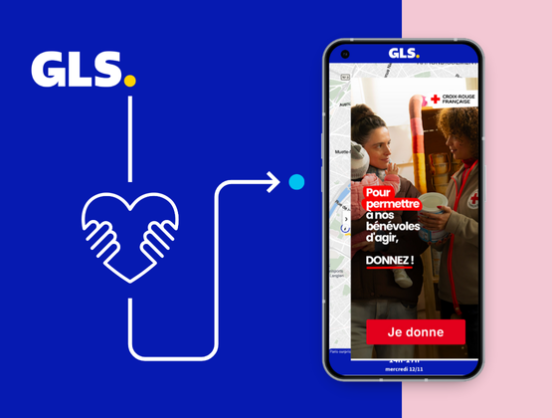 Bannière solidaire GLS avec la Croix-Rouge française affichée sur une application mobile pour encourager les dons pendant Noël.